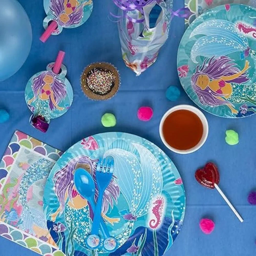 Mermaid Theme Party Pack--Plates, cups, party favors & Bags, fork, Spoon for 10